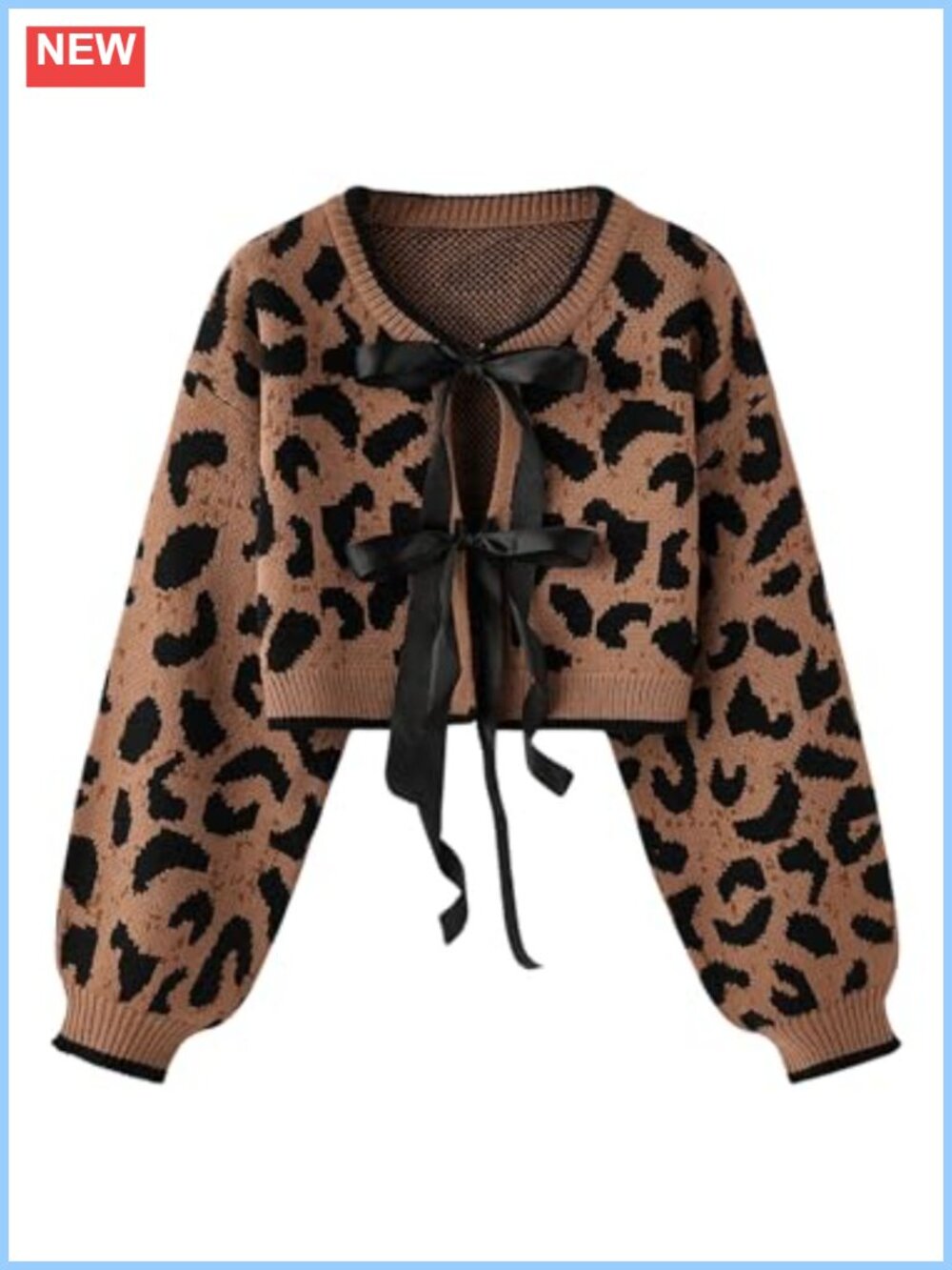 Cheetah Print Tie Front Cropped Cardigan Sweater Loose Fit Long Sleeve
